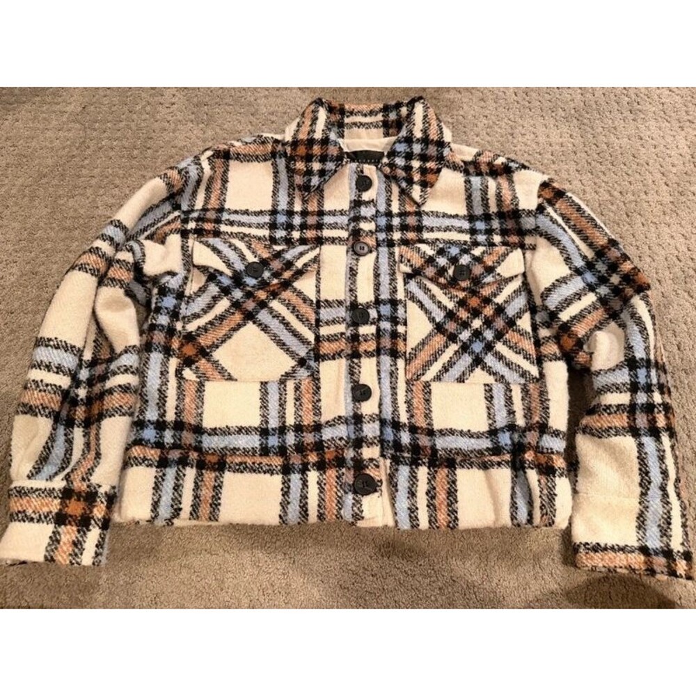 Sanctuary Liv Plaid Bouclé Cropped Jacket Shacket Sky Multi Size M